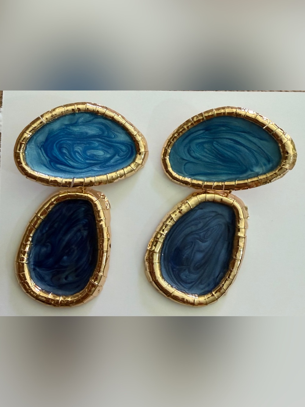SHEIN Blue Marbled Double Drop Earrings with Gold Trim